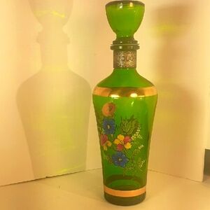 Vtg. Emerald Green Venetian Glass Decanter. Hand Blown. Hand Painted.